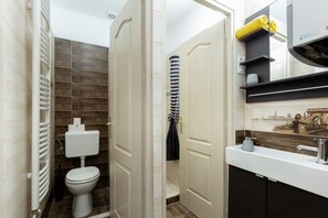 Shower, free toiletries, hair dryer, towels