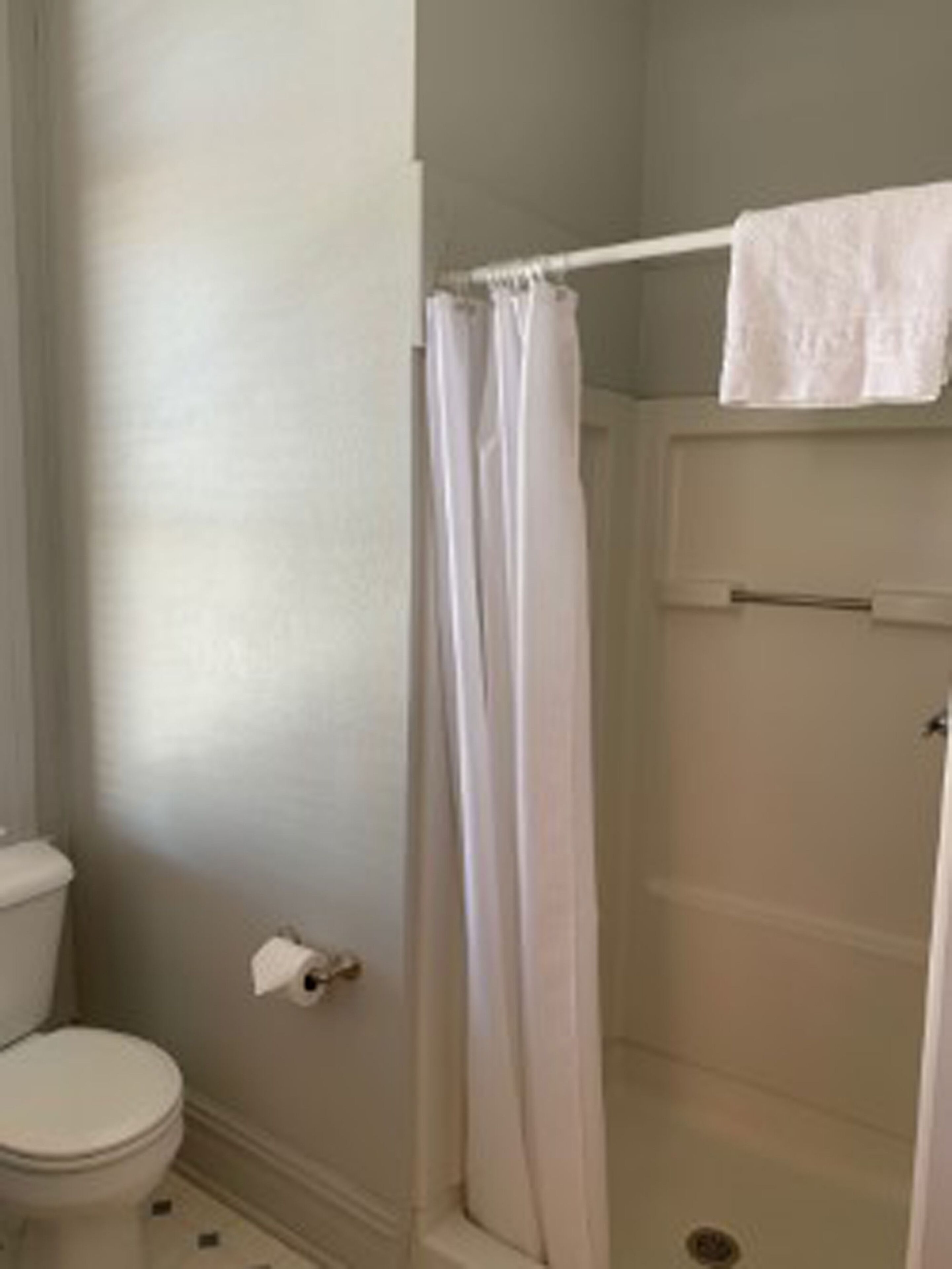 Un baño con inodoro, cortina de ducha y toalla colgada en un perchero.
