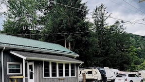 A rustic cabin with a green roof, a picnic table, and a grill in the yard. - Ugly Cabin, Stunning Escape – Hot Tub! Fire Pit! Fast WIFI! Sunroom! Hiking! (Elkins)