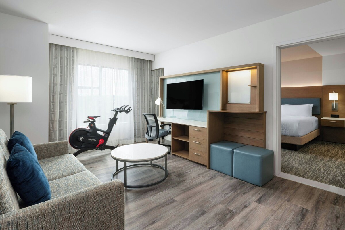 Une chambre d’hôtel moderne équipée d’un canapé, d’un bureau avec un téléviseur à écran plat, d’un vélo et d’un lit.