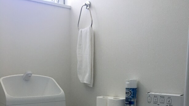 A small, modern bathroom with a white toilet, a sink, and a shelf holding toilet paper and a bidet control unit. - Bella Corner (Furano)