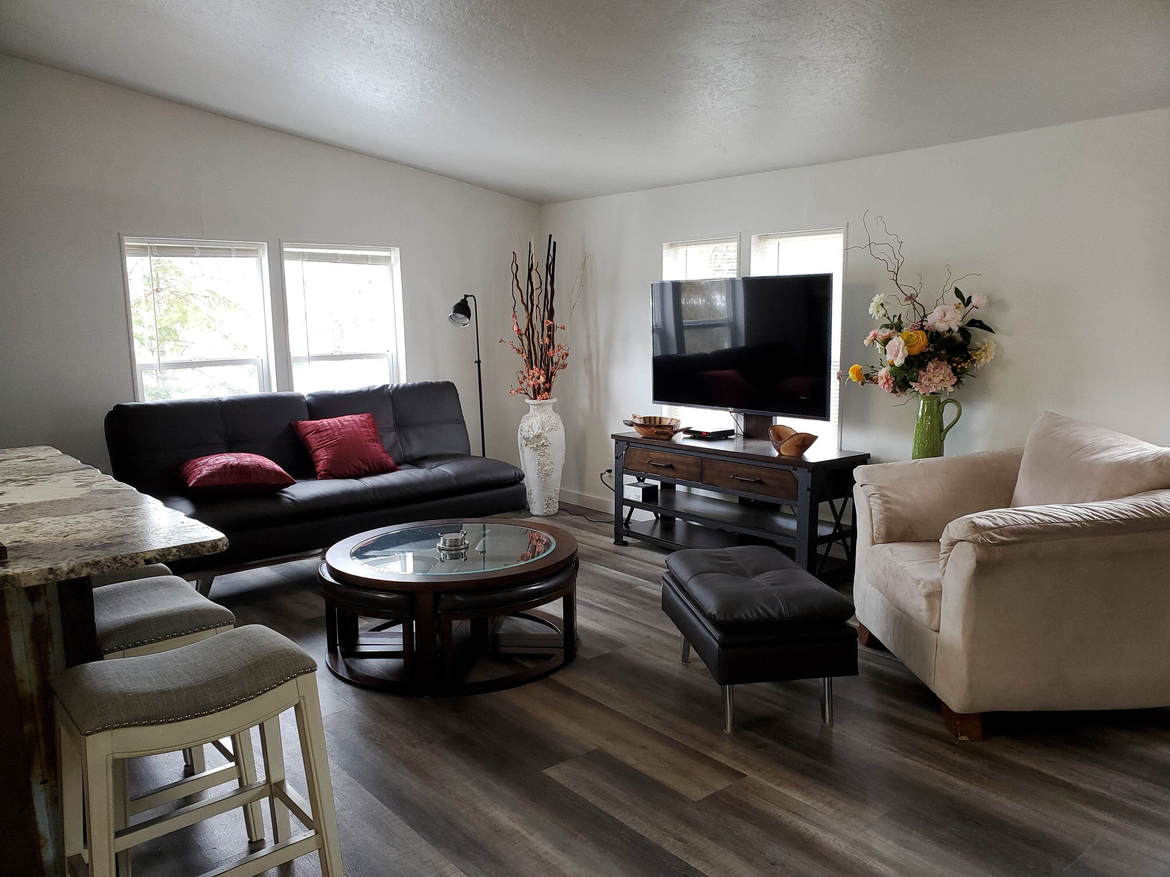 A living room with a sofa, coffee table, TV, and a dining area with a table and chairs.