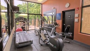 A gym with treadmills, elliptical machines, and weight machines.