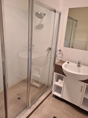 Bathtub, hair dryer, soap, toilet paper