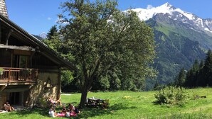 A rustic chalet with a balcony overlooking a grassy area, a large tree, and a mountain backdrop. - Chalet 10 pers, on the slopes, Mont Blanc view (St nicolas de veroce / st gervais les ba)
