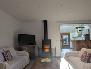 Televisión, chimenea, futbolito y tenis de mesa