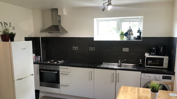 A modern kitchen with white cabinets, a stainless steel range hood, a built-in oven, a microwave, and a sink. There is a window above the sink with potted plants on the windowsill. - 2 bedroom Apartment  Heathrow Airport (Hayes)