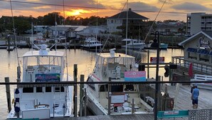 Un port de plaisance avec des bateaux amarrés, une jetée en bois et un bâtiment portant une enseigne indiquant « Fish Witch Charters ».