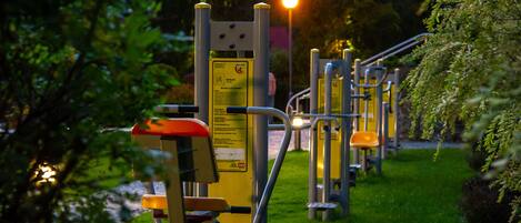 Outdoor exercise equipment in a park with a well-maintained lawn and trees.