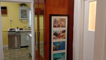 A kitchen with a dishwasher, a microwave, and a cabinet with a plant.