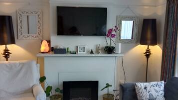 Smart TV, fireplace, books, stereo