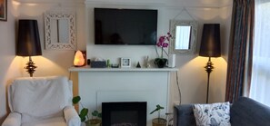 Smart TV, fireplace, books, stereo