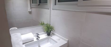 Moderni kylpyhuone, jossa on valkoinen pesuallas, peili ja ruukussa oleva kasvi.