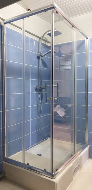 Shower, hair dryer, towels, toilet paper