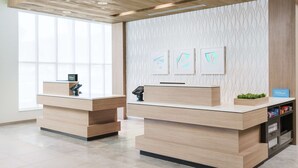 A modern hotel reception area with two counters, a patterned wall, and a large window providing natural light. - Hilton Garden Inn Apopka City Center (Apopka)
