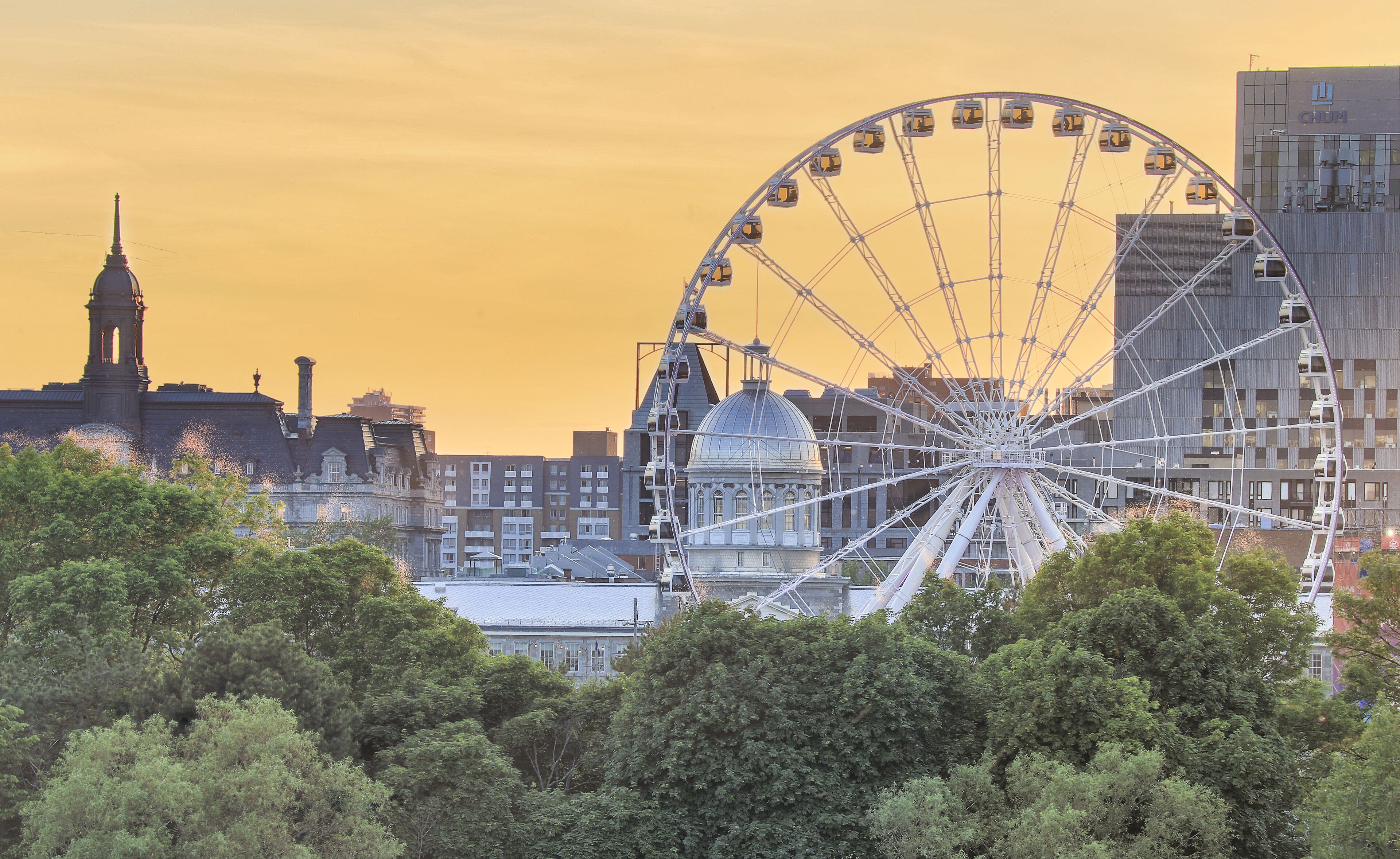 A Ferris wheel in a cityscape with historical buildings and a prominent dome structure.