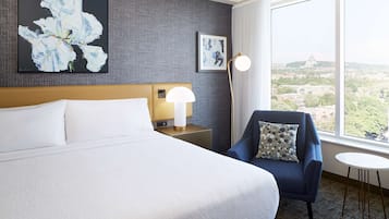 A hotel room with a large bed, a chair, a small table, a lamp, and a view of the city.