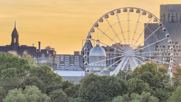 A Ferris wheel in a cityscape with historical buildings and a prominent dome structure.