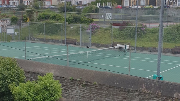 Una cancha de tenis con red, rodeada por una valla. Se ven casas al fondo.