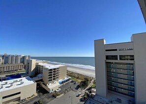 Een kusthotel met uitzicht op het strand en de oceaan.