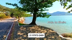 Un vialetto lastricato accanto a uno specchio d'acqua, con un albero sullo sfondo.