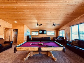 Smart TV, fireplace, ping pong