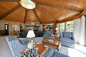 Smart TV, fireplace, books