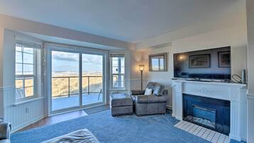 TV, fireplace, books
