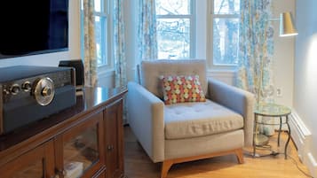 Smart TV, fireplace, video games, DVD player