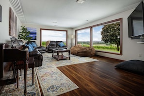 TV, fireplace, table football