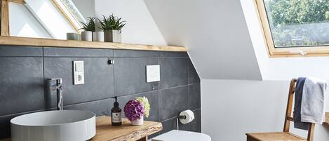Shower, hair dryer, towels, soap