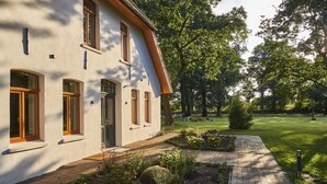 Una casa moderna con un camino empedrado en el jardín, un césped cuidado y árboles maduros.