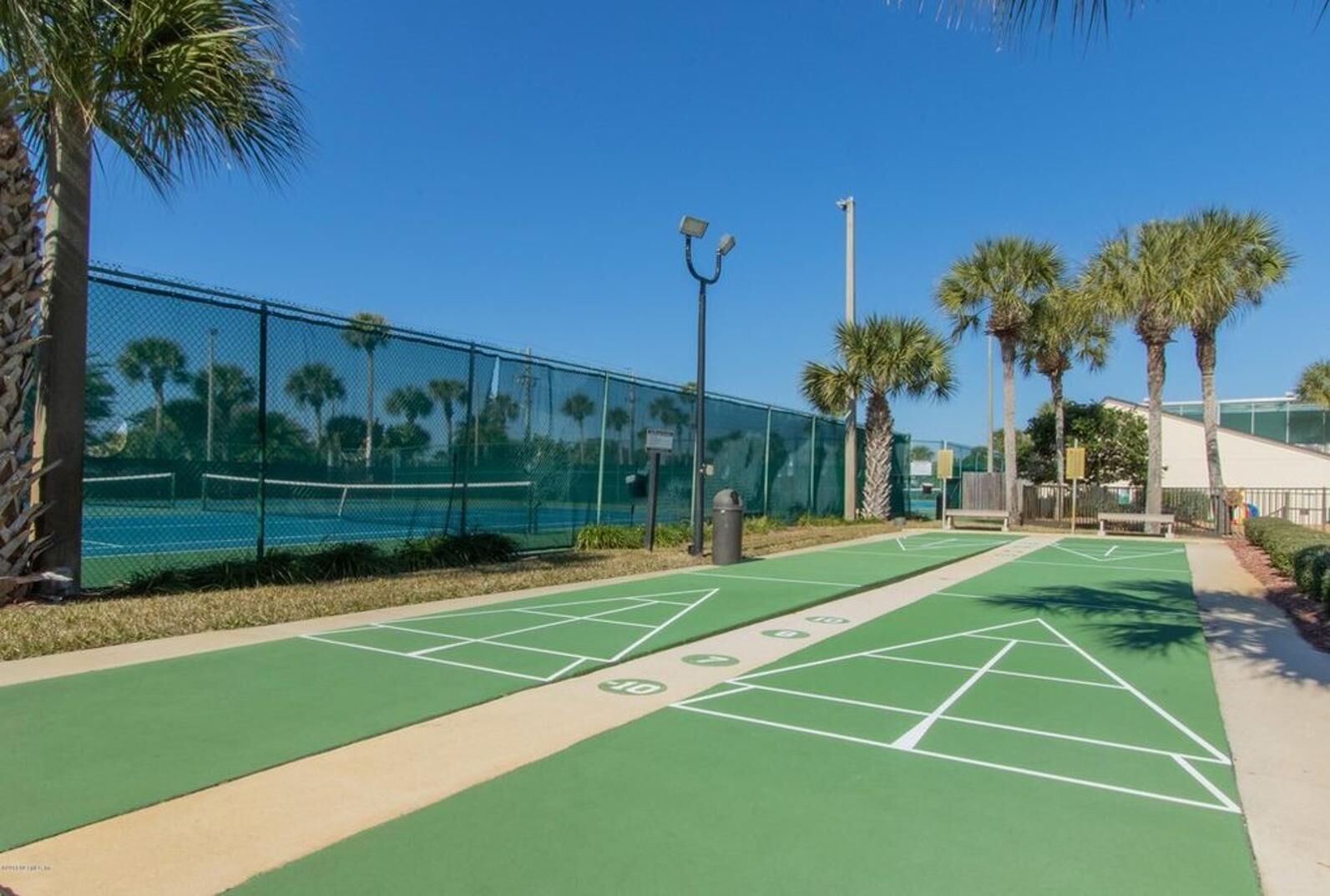 A tennis court with a green surface, a fence, and palm trees.