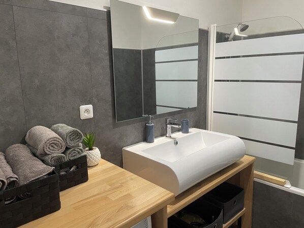 Hair dryer, towels, soap, toilet paper