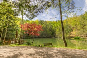 A serene lakeside park with a wooden bench and a picnic table. - Secluded Luxury 2 Bdrm Log Cabin,Hot Tub,Theatre Rm,Assn Lake,WiFi,Offsite Pool (Sevierville)