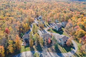 An aerial view of a residential area with houses surrounded by autumn-colored trees. - Spacious 5BR Retreat w/ Ping Pong & Fire Pit (Oakland)