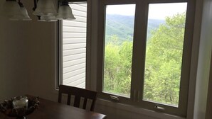 Un coin repas avec une table et des chaises, une fenêtre donnant sur un paysage boisé et un luminaire fixé au mur.
