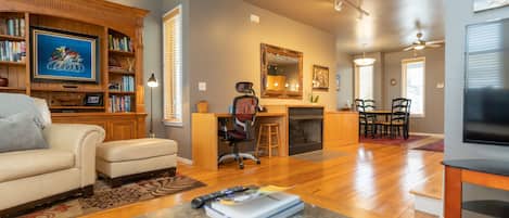 Smart TV, fireplace, books