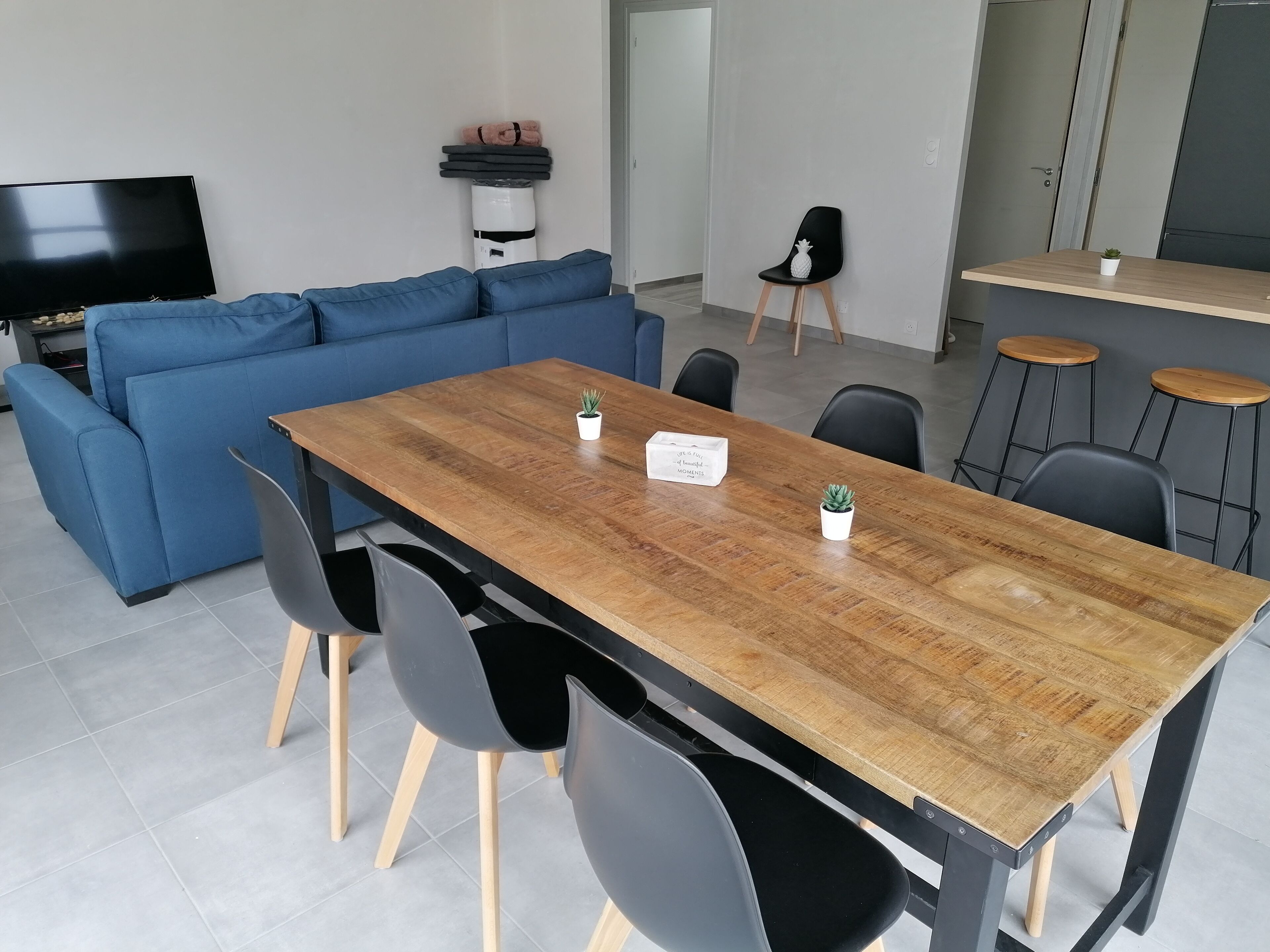 Un salon moderne avec un canapé bleu, une table à manger en bois et des chaises noires. On aperçoit une petite plante en pot sur la table et un téléviseur au fond de la pièce.