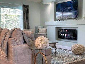 Smart TV, fireplace, books