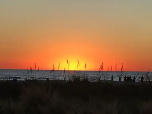 On the beach, sun loungers, beach towels