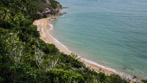 Een kustlandschap met een zandstrand, weelderige begroeiing en een klif met uitzicht op de oceaan.