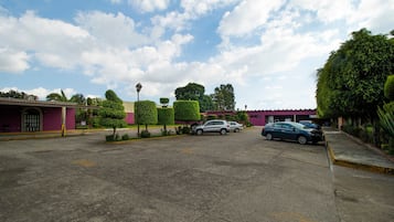 A parking lot with cars, a building with a purple facade, and neatly trimmed hedges.