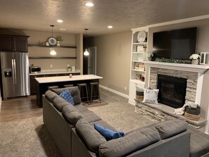 TV, fireplace, video-game console