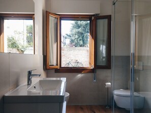 Shower, hair dryer, bidet, towels