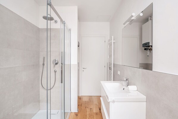 Shower, hair dryer, bidet, towels
