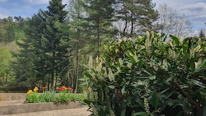 Un jardin où l’on trouve différentes plantes et différents arbres, notamment un espace dédié aux fleurs rouges et un sentier.