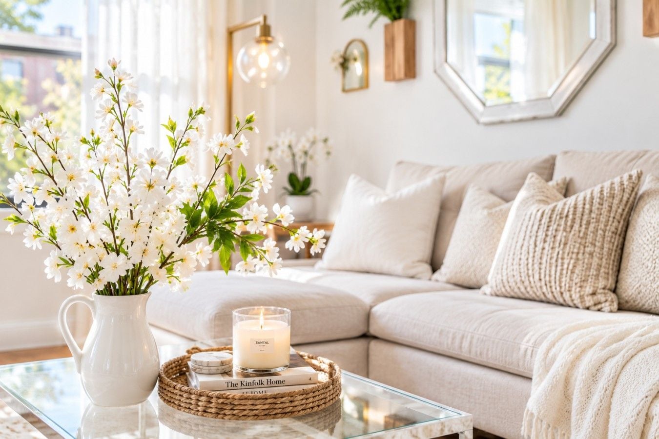 A living room with a sofa, a vase of white flowers, a candle, and a book titled 'The Kinfolk Home'.