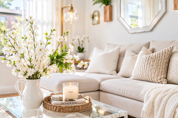 A living room with a sofa, a vase of white flowers, a candle, and a book titled 'The Kinfolk Home'.