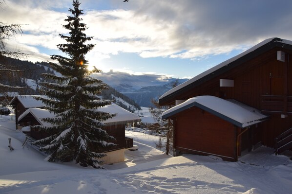 Ein schneebedecktes Chalet mit Holzfassade, einem verschneiten Dach und Blick auf die Berge im Hintergrund.